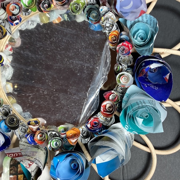 Upcycled Rattan Mirror with Handmade Paper Roses - Picture 2 of 6